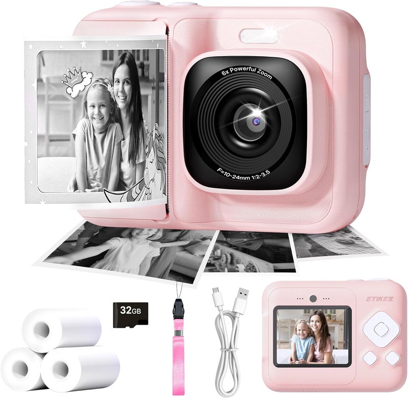 ETIKEZ Kids Camera, 1080P Instant Digital Print Camera for Kids, Christmas Birthday Gifts for 4 5 6 7 8 9 10 Year Old Girls Boys, Portable Toy with 32GB SD Card & 3 Rolls Printing Paper, Pink - Image 1